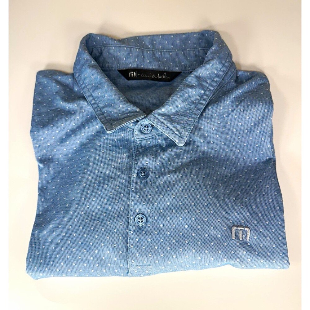 TravisMathew Men’s XL Blue Polka Dot Short Sleeve Collared Polo Shirt